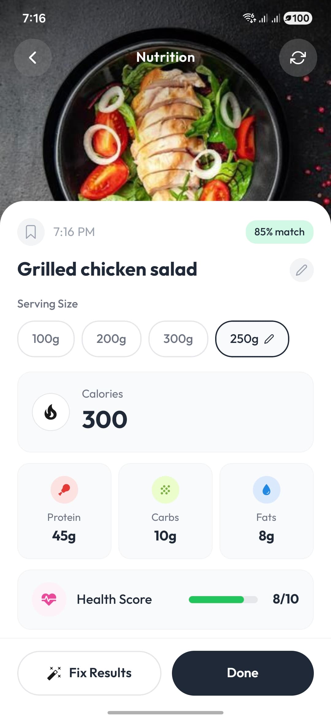 Caloris nutrition breakdown showing calories, protein, carbs and fat for a scanned meal